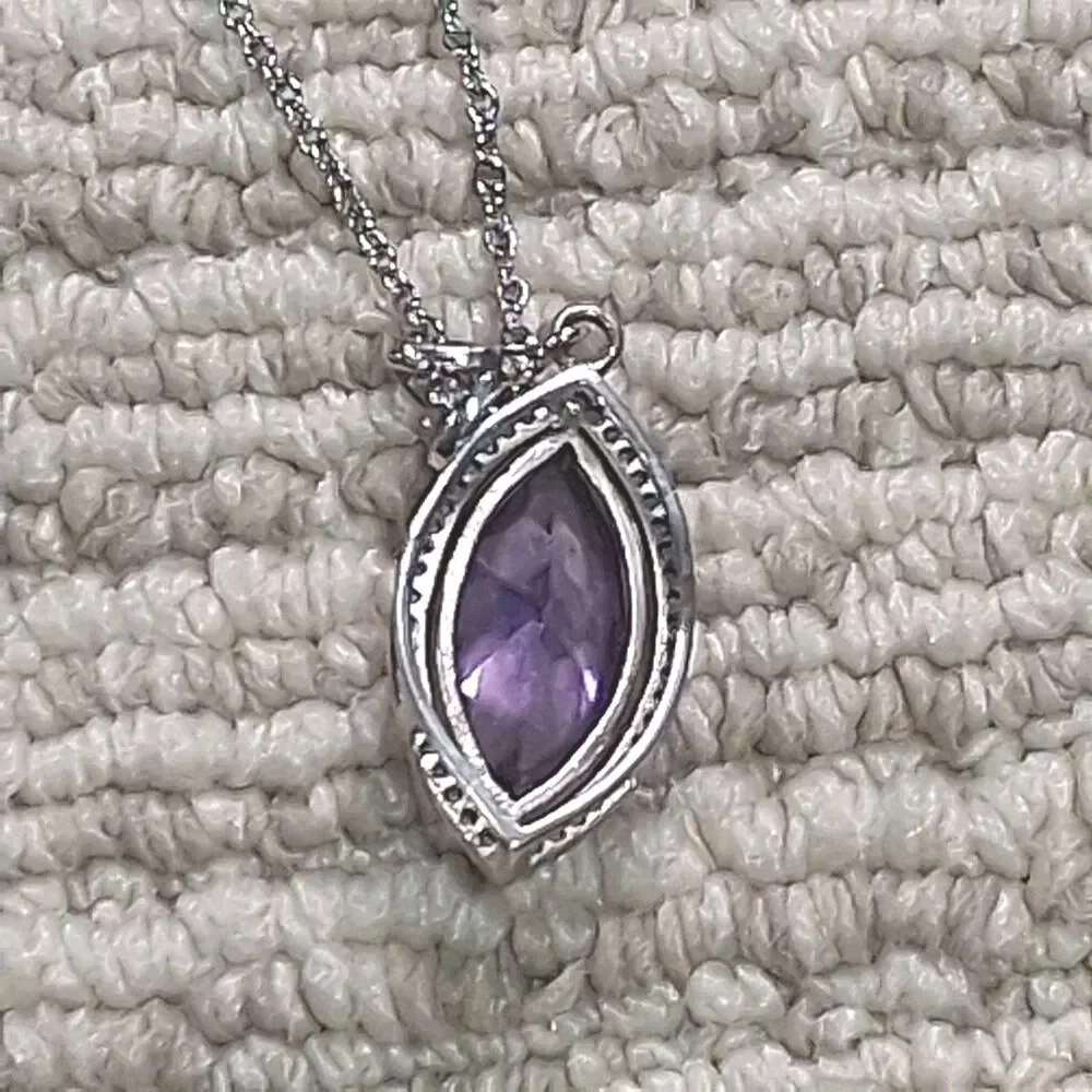 Purple Marquise Cut Crystal Rhinestone Silver Tone Pendant Chain Necklace Women